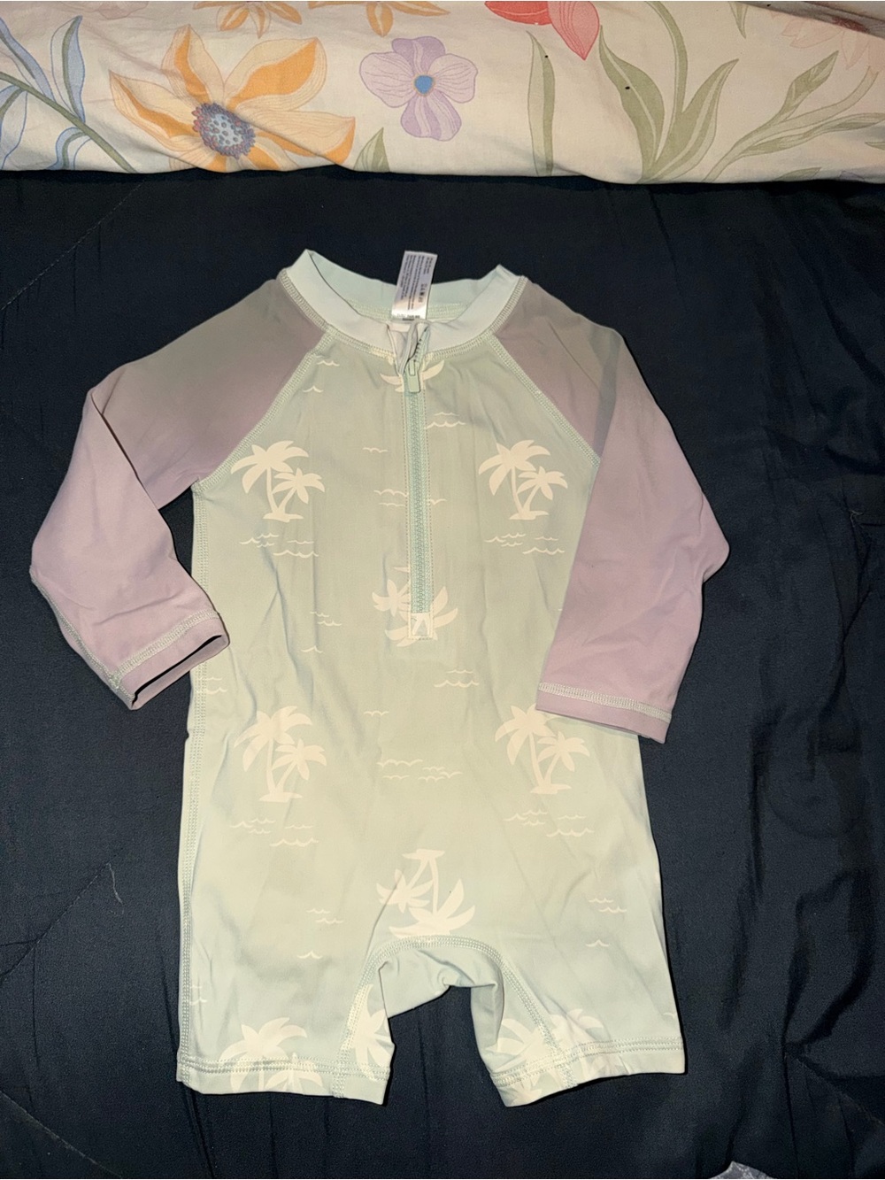 Kids Long-Sleeve One-Piece Rash Guard Swimsuit in Mint & Lavender